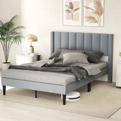 Giantex Lit 140 x 200 avec Sommier sans Matelas, Lit Capitonné avec Tete 140CM en Tissu Velours Doux, Lattes Bois, Charge 250KG (7 Bandes)