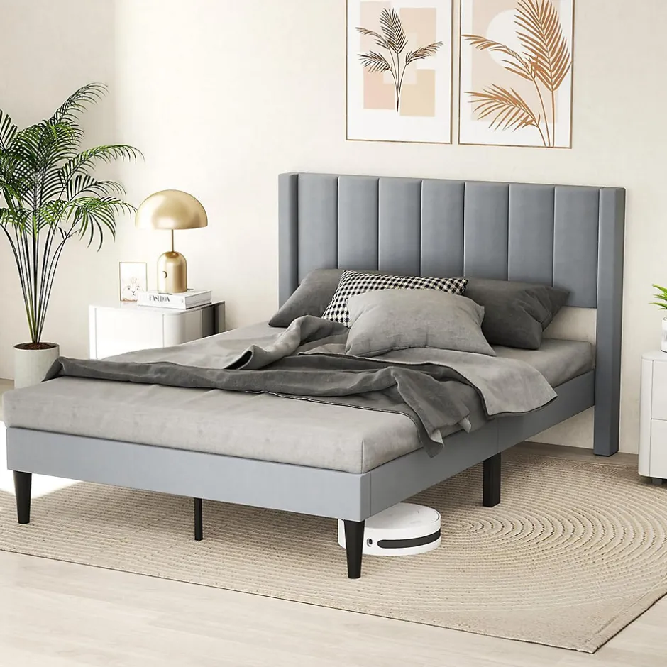 Giantex Lit 140 x 200 avec Sommier sans Matelas, Lit Capitonné avec Tete 140CM en Tissu Velours Doux, Lattes Bois, Charge 250KG (7 Bandes)