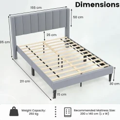 Giantex Lit 140 x 200 avec Sommier sans Matelas, Lit Capitonné avec Tete 140CM en Tissu Velours Doux, Lattes Bois, Charge 250KG (7 Bandes)