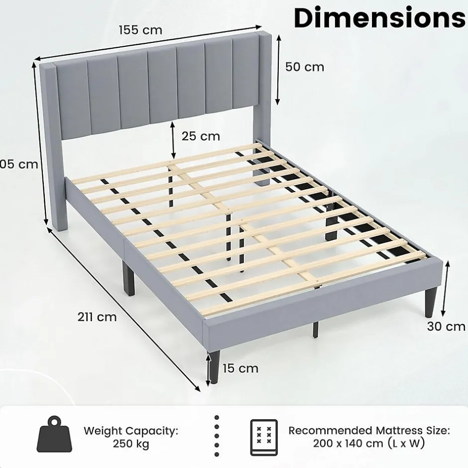 Giantex Lit 140 x 200 avec Sommier sans Matelas, Lit Capitonné avec Tete 140CM en Tissu Velours Doux, Lattes Bois, Charge 250KG (7 Bandes)