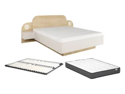 Vente-unique Lit 160 x 200 cm - Avec chevets et LEDs - Coloris : Beige et Naturel + Sommier + Matelas - DARTAGNO