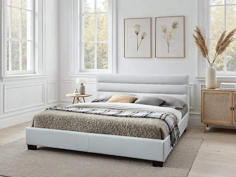 Vente-unique Lit 160 x 200 cm - Simili - Blanc + Matelas - FAUSTIN