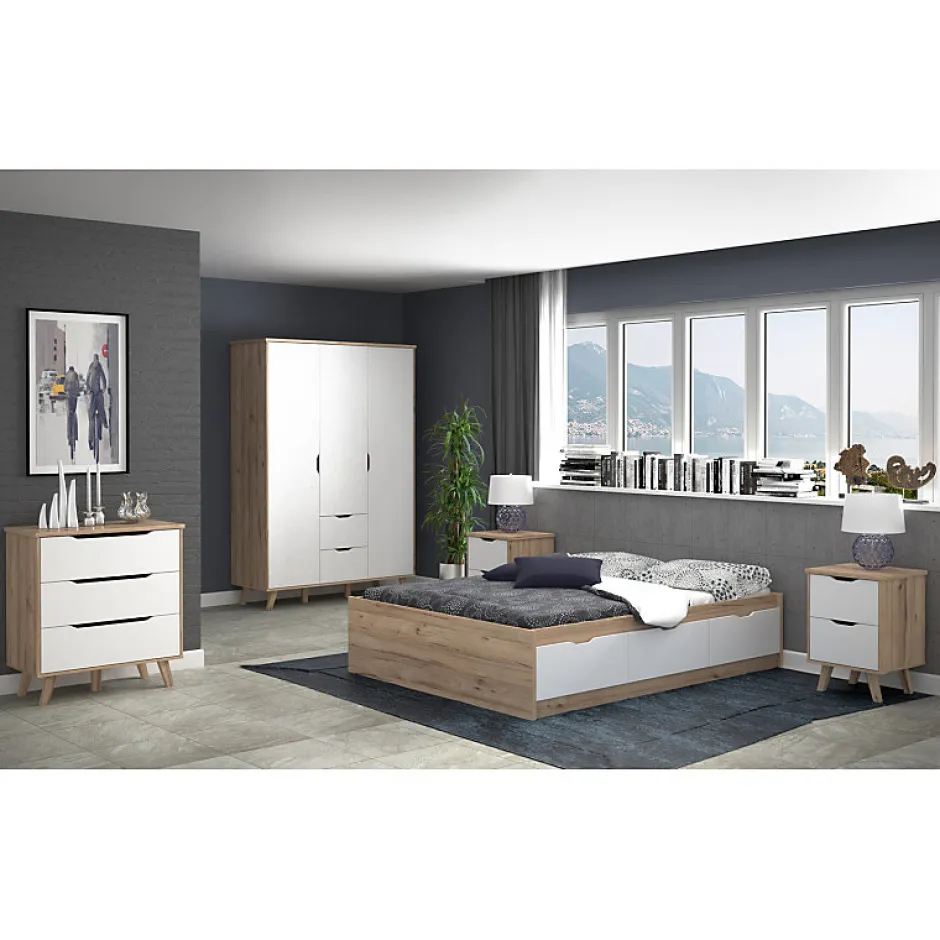 Meubletmoi Lit 160 x 200 cm 3 tiroirs décor chêne naturel et blanc mat - ALBANE Best