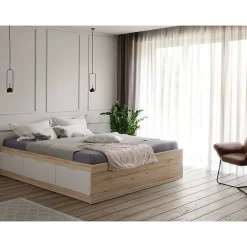 Meubletmoi Lit 160 x 200 cm 3 tiroirs décor chêne naturel et blanc mat - ALBANE Best
