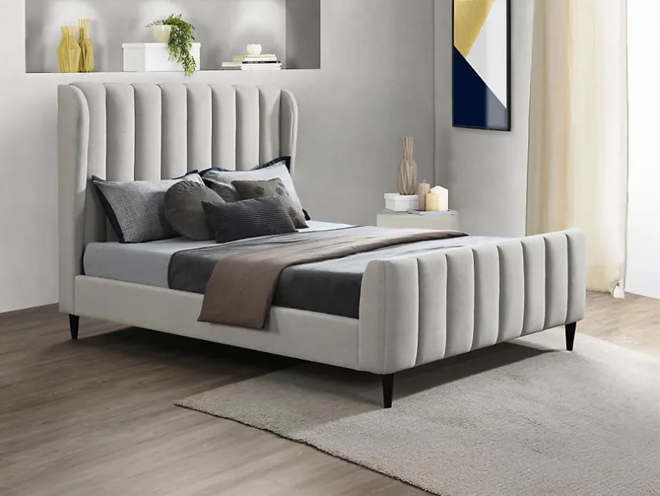 Vente-unique Lit 160 x 200 cm - Tissu avec coutures verticales - Gris clair - CASAGOTI Discount