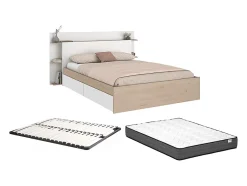 Vente-unique Lit 140 x 190/200 cm avec 4 tiroirs - Coloris : Naturel et blanc + Sommier + Matelas - TILONIDE Best