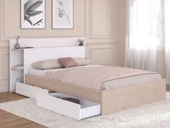 Vente-unique Lit 140 x 190/200 cm avec 4 tiroirs - Coloris : Naturel et blanc + Sommier + Matelas - TILONIDE Best