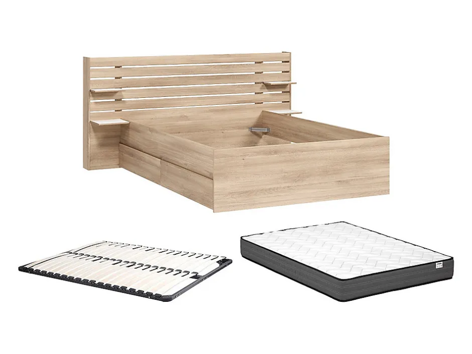 Vente-unique Lit 140 x 190/200 cm avec 4 tiroirs - Coloris : Naturel + Sommier + Matelas - TENALIA II
