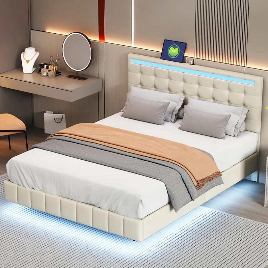 Simple Life Lit 140 X 200 Cm Avec Éclairage LED Et Tête De Lit Réglable, Sommier à Lattes, Tissu En Lin, Beige
