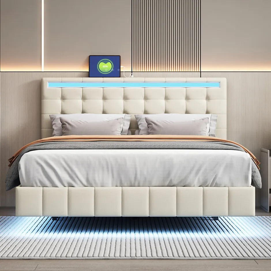 Simple Life Lit 140 X 200 Cm Avec Éclairage LED Et Tête De Lit Réglable, Sommier à Lattes, Tissu En Lin, Beige