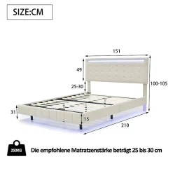 Simple Life Lit 140 X 200 Cm Avec Éclairage LED Et Tête De Lit Réglable, Sommier à Lattes, Tissu En Lin, Beige