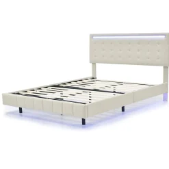 Simple Life Lit 140 X 200 Cm Avec Éclairage LED Et Tête De Lit Réglable, Sommier à Lattes, Tissu En Lin, Beige