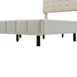 Simple Life Lit 140 X 200 Cm Avec Éclairage LED Et Tête De Lit Réglable, Sommier à Lattes, Tissu En Lin, Beige