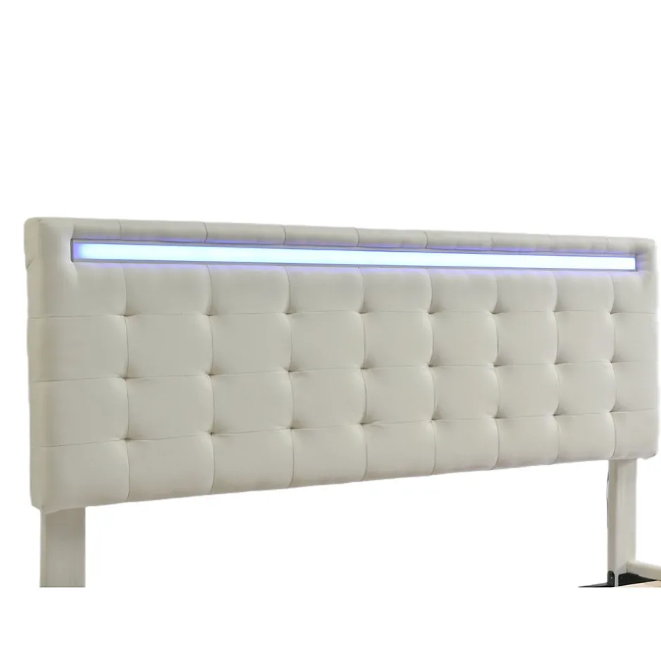 Simple Life Lit 140 X 200 Cm Avec Éclairage LED Et Tête De Lit Réglable, Sommier à Lattes, Tissu En Lin, Beige
