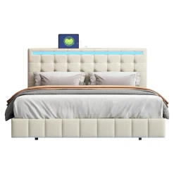 Fortuna lai Lit 160 X 200 Cm Avec Éclairage LED Et Tête De Lit Réglable, Sommier à Lattes, Tissu En Lin, Beige