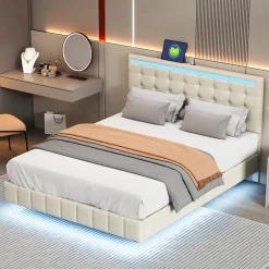 Fortuna lai Lit 160 X 200 Cm Avec Éclairage LED Et Tête De Lit Réglable, Sommier à Lattes, Tissu En Lin, Beige
