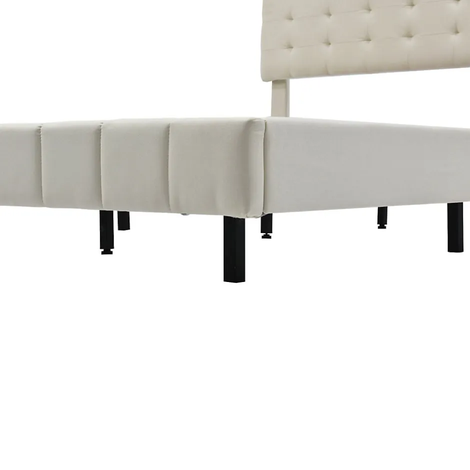 Fortuna lai Lit 160 X 200 Cm Avec Éclairage LED Et Tête De Lit Réglable, Sommier à Lattes, Tissu En Lin, Beige