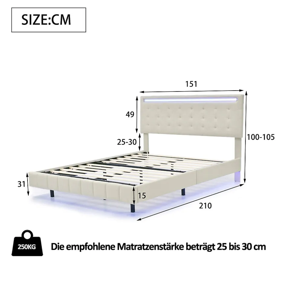 Fortuna lai Lit 140 X 200 Cm Avec Éclairage LED Et Tête De Lit Réglable, Sommier à Lattes, Tissu En Lin, Beige