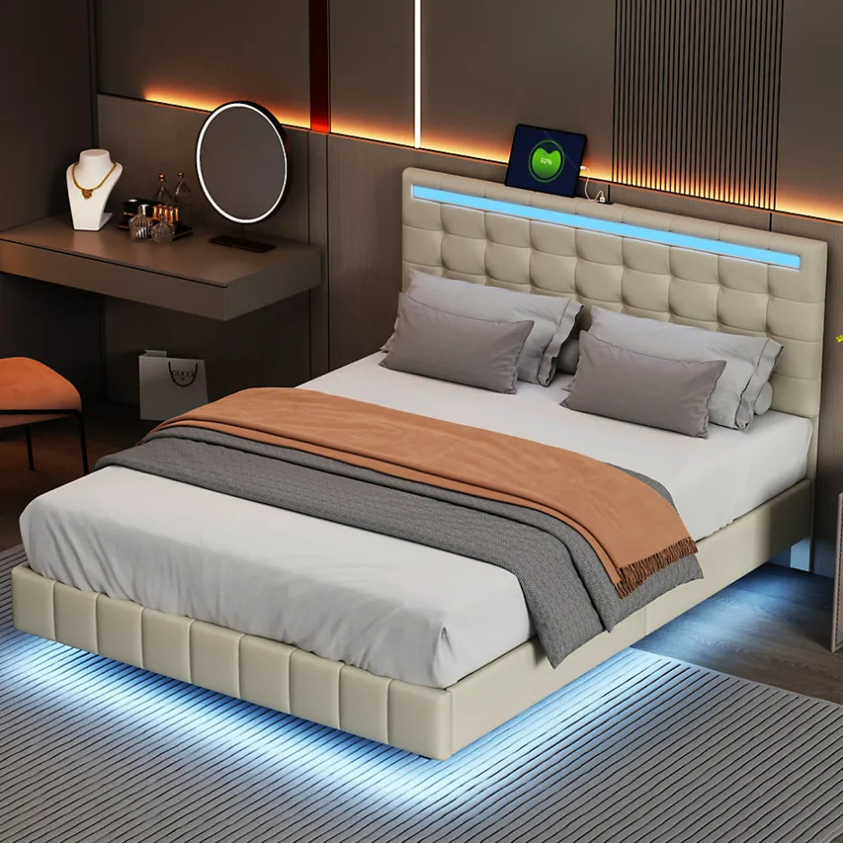 Fortuna lai Lit 140 X 200 Cm Avec Éclairage LED Et Tête De Lit Réglable, Sommier à Lattes, Tissu En Lin, Beige