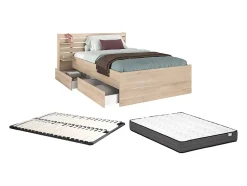 Vente-unique Lit 120 x 190 cm avec rangements - Coloris : Naturel + Sommier + Matelas - TENALIA