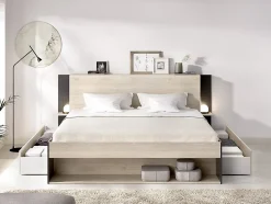 Vente-unique Lit 140 x 190 cm avec rangements - Coloris : Naturel et noir + Sommier + Matelas - KEROSIA Best