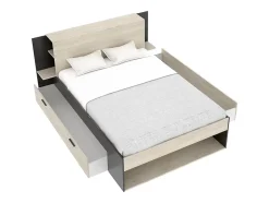 Vente-unique Lit 140 x 190 cm avec rangements - Coloris : Naturel et noir + Sommier + Matelas - KEROSIA Best