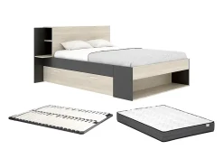 Vente-unique Lit 140 x 190 cm avec rangements - Coloris : Naturel et noir + Sommier + Matelas - KEROSIA Best