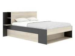 Vente-unique Lit 140 x 190 cm avec rangements - Coloris : Naturel et noir + Sommier + Matelas - KEROSIA Best