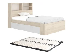 Vente-unique Lit 120 x 190 cm avec rangements - Coloris : Naturel et blanc + Sommier - VARDIEL Outlet
