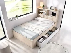 Vente-unique Lit 120 x 190 cm avec rangements - Coloris : Naturel et blanc + Sommier - VARDIEL Outlet