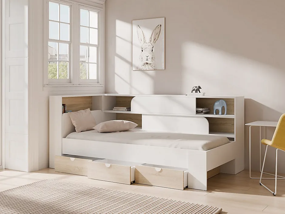 Vente-unique Lit 90 x 190 cm avec rangements - Coloris : Blanc et naturel + Sommier + Matelas - TAMADU