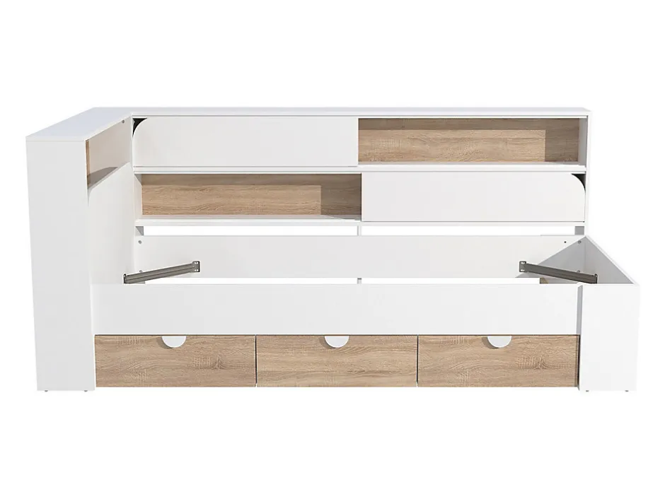 Vente-unique Lit 90 x 190 cm avec rangements - Coloris : Blanc et naturel + Sommier + Matelas - TAMADU