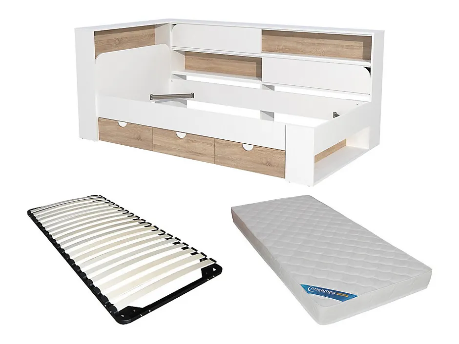 Vente-unique Lit 90 x 190 cm avec rangements - Coloris : Blanc et naturel + Sommier + Matelas - TAMADU