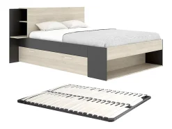Vente-unique Lit 140 x 190 cm avec rangements - Coloris : Naturel et noir + Sommier - KEROSIA New