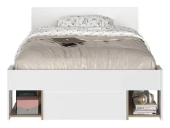 Vente-unique Lit 120 x 190/200 cm avec rangements - Blanc et naturel - KINSELIA