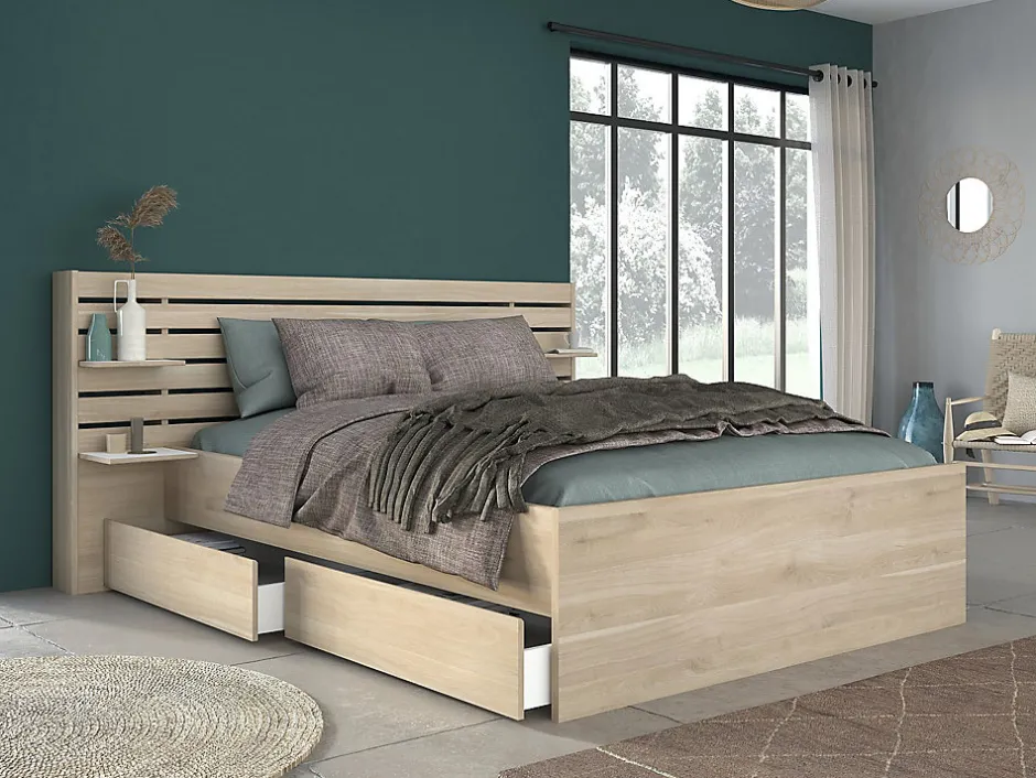 Vente-unique Lit 160 x 200 cm avec rangements - Coloris : Naturel + Sommier + Matelas - TENALIA II