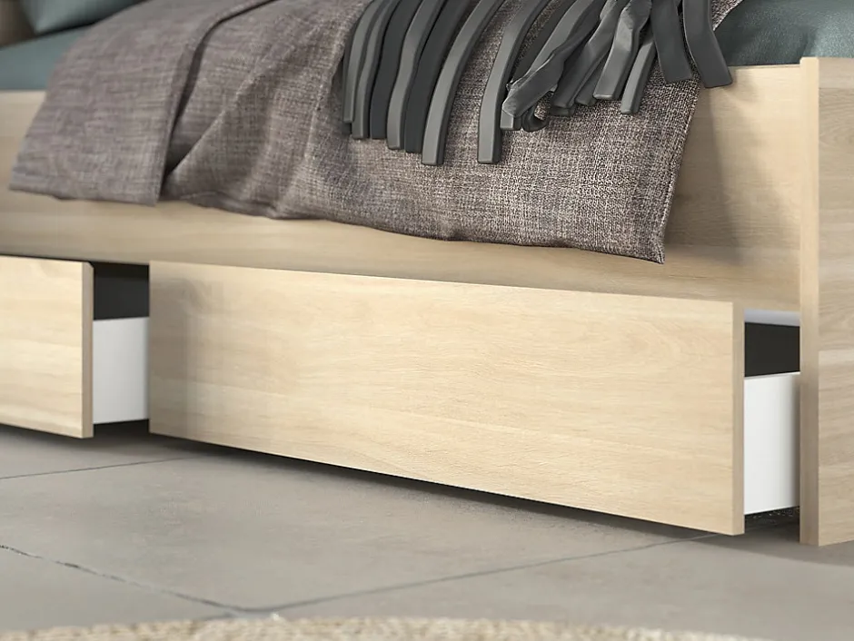 Vente-unique Lit 160 x 200 cm avec rangements - Coloris : Naturel + Sommier + Matelas - TENALIA II