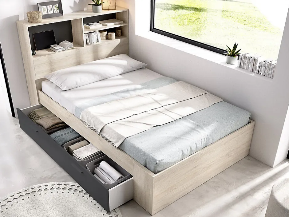 Vente-unique Lit 120 x 190 cm avec rangements - Coloris : Naturel et anthracite - VARDIEL