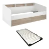 Vente-unique Lit 90 x 190/200 cm avec rangements - Blanc et naturel + Sommier - PAULETTE