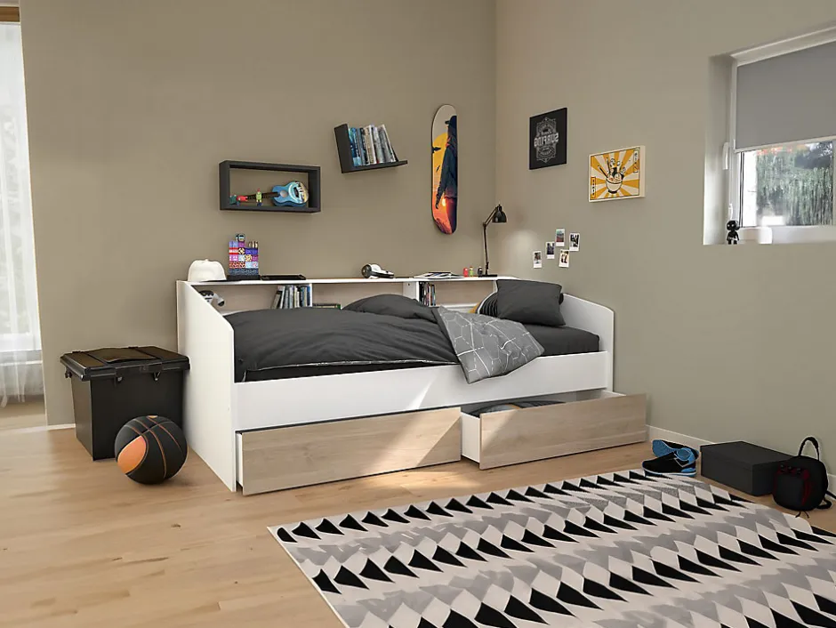 Vente-unique Lit 90 x 190/200 cm avec rangements - Blanc et naturel + Sommier - PAULETTE