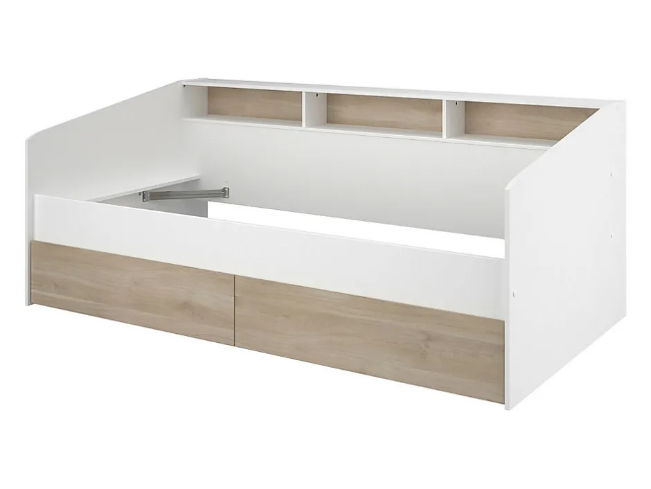 Vente-unique Lit 90 x 190/200 cm avec rangements - Blanc et naturel + Sommier - PAULETTE