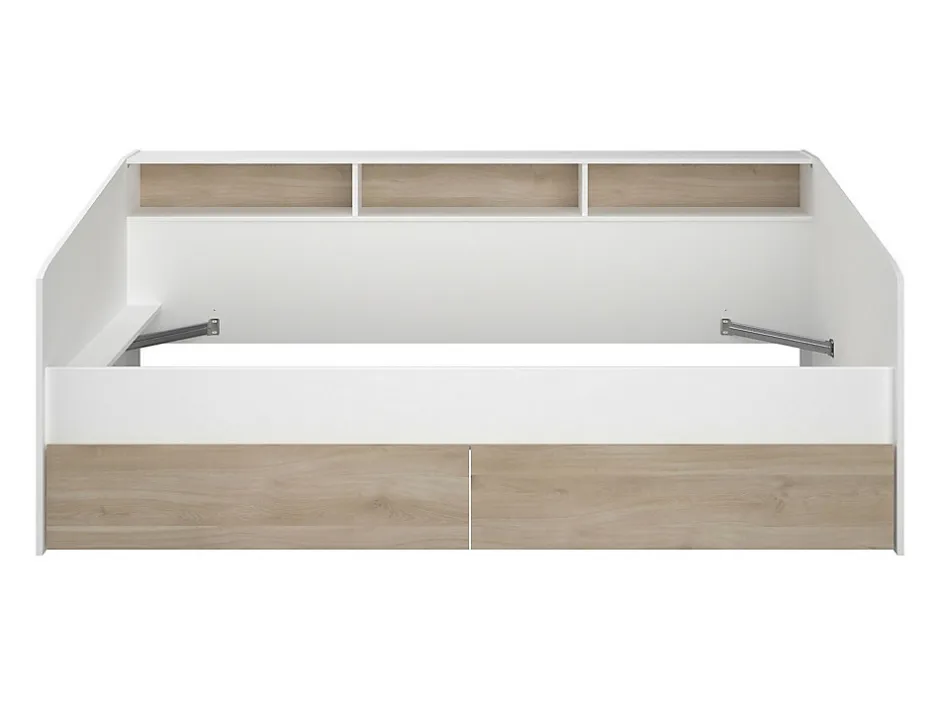 Vente-unique Lit 90 x 190/200 cm avec rangements - Blanc et naturel + Sommier - PAULETTE