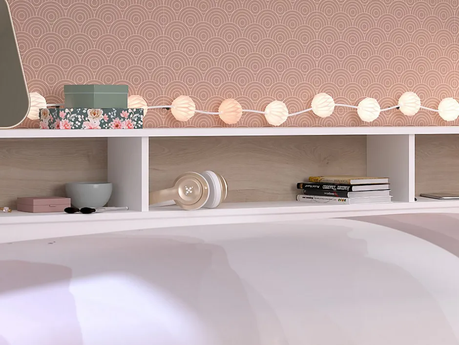Vente-unique Lit 90 x 190/200 cm avec rangements - Blanc et naturel + Sommier - PAULETTE