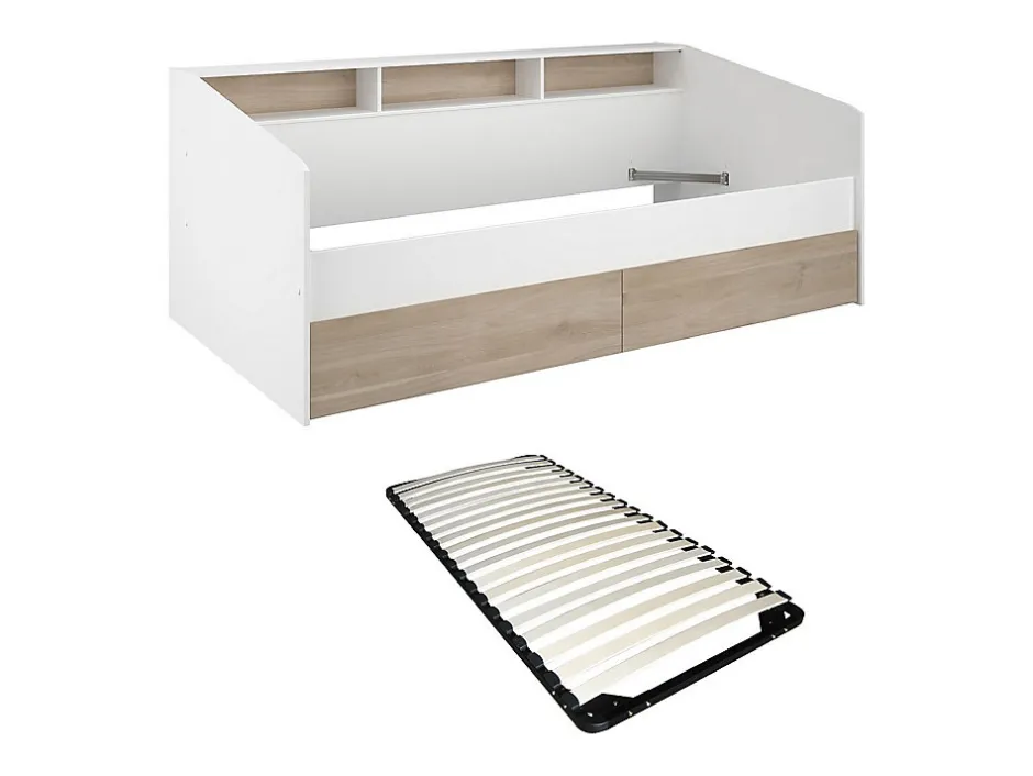 Vente-unique Lit 90 x 190/200 cm avec rangements - Blanc et naturel + Sommier - PAULETTE