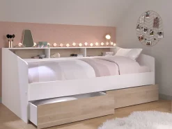 Vente-unique Lit 90 x 190/200 cm avec rangements - Blanc et naturel + Sommier + Matelas - PAULETTE
