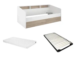 Vente-unique Lit 90 x 190/200 cm avec rangements - Blanc et naturel + Sommier + Matelas - PAULETTE