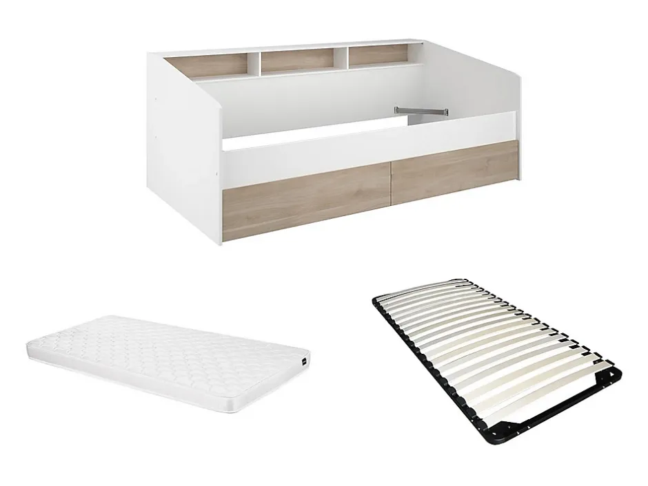 Vente-unique Lit 90 x 190/200 cm avec rangements - Blanc et naturel + Sommier + Matelas - PAULETTE