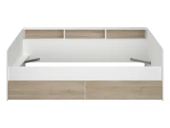 Vente-unique Lit 90 x 190/200 cm avec rangements - Blanc et naturel + Sommier + Matelas - PAULETTE