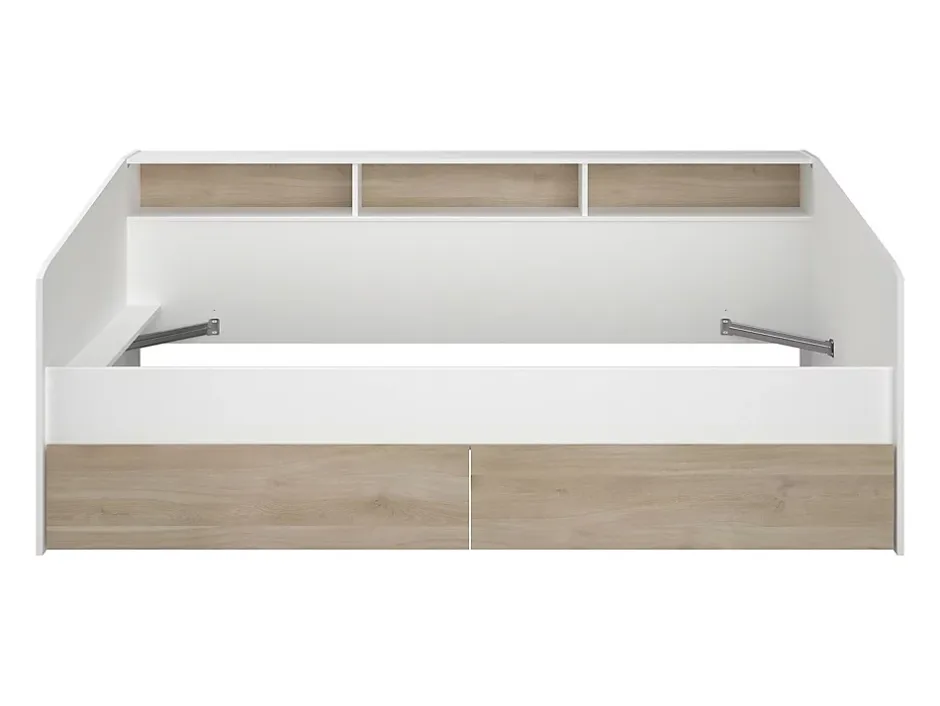 Vente-unique Lit 90 x 190/200 cm avec rangements - Blanc et naturel + Sommier + Matelas - PAULETTE
