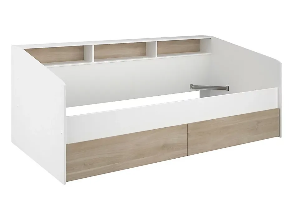 Vente-unique Lit 90 x 190/200 cm avec rangements - Blanc et naturel + Sommier + Matelas - PAULETTE